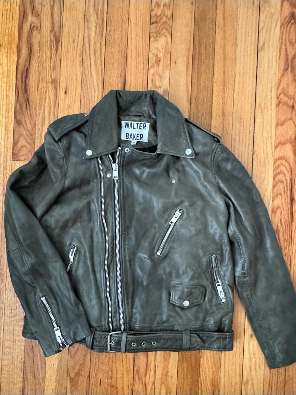 Walter Baker Olive Green Leather Moto Jacket with Silver Hardware